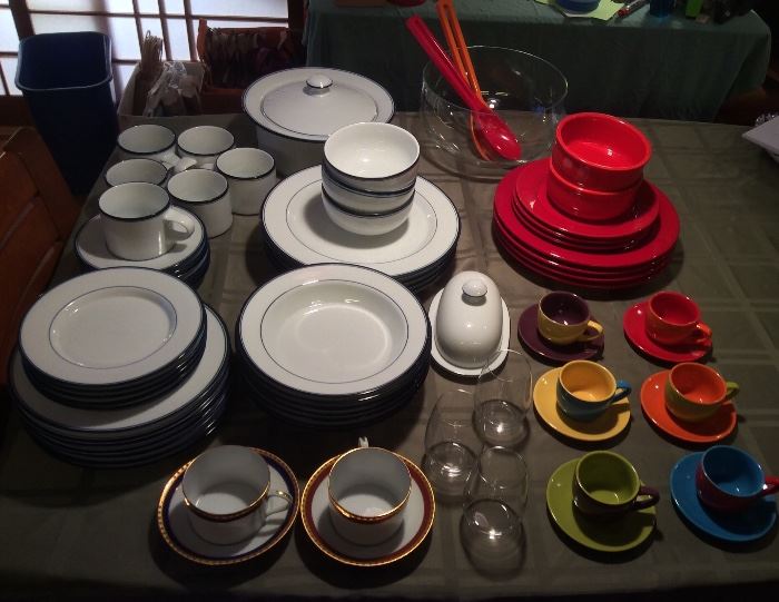 Set of Dansk dishes (white with blue trim), 2 Tiffany & Co. Limoges cups & saucers, 3 Reidel merlot glasses, colorful espresso cups & saucers, red Waechtersbach dishes, glass salad bowl