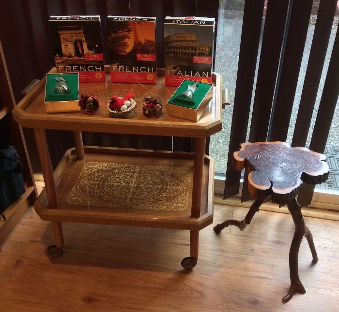 Vintage tea cart, tree slab table, language CDs, a few Xmas ornaments including Lenox bells & other ornaments not shown in photo