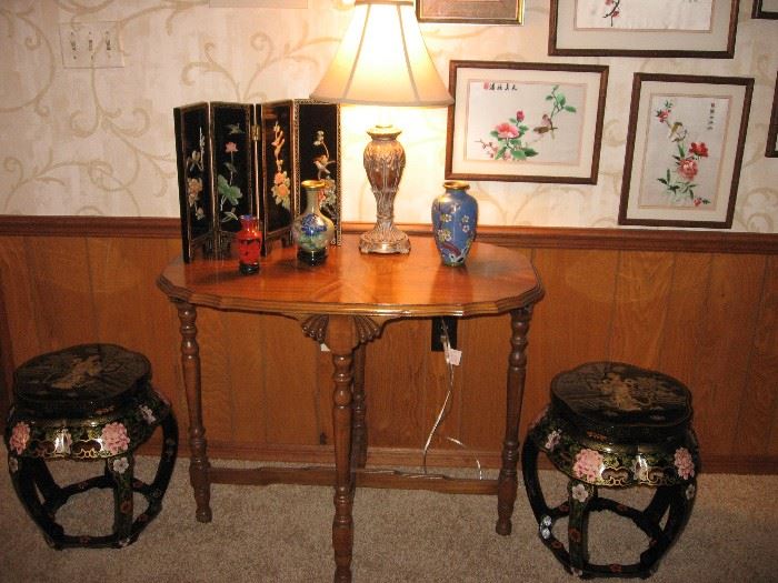 Eastlake oval table,  oriental stools, vases, screen