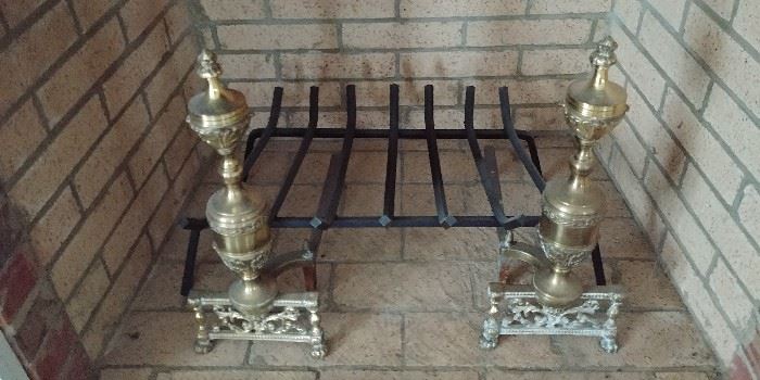 Brass andirons, iron grill for logs