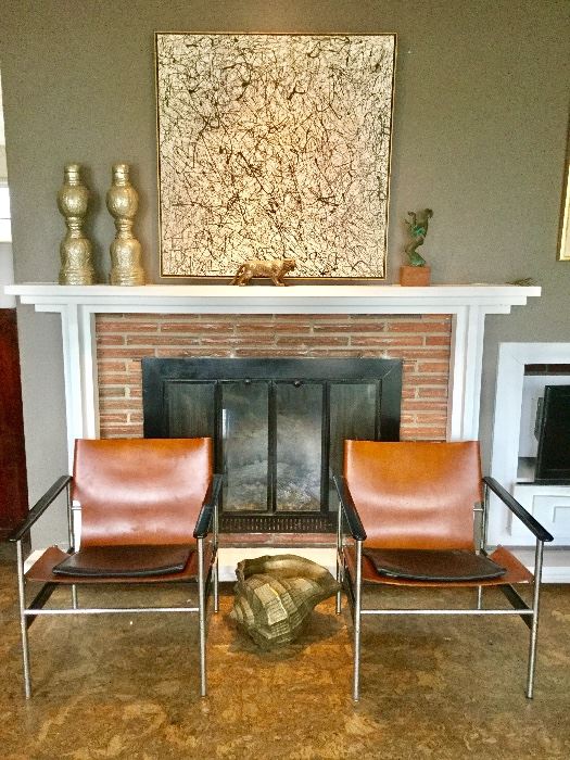 Pair of MidCentury Modern Knoll Chairs. Original artwork from Dallas-based artist. 