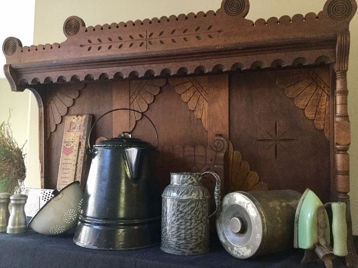 Enamelware, antique iron, antique hutch top