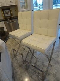 Pair of White Leather Kitchen or Bar Stools