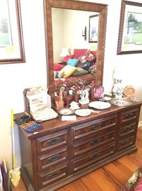 wood dresser by Dixie, mirror, wood candlesticks, lamp, mirror