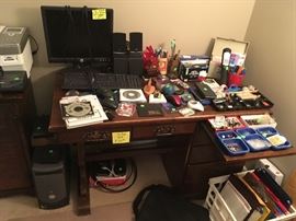 Dell computer, vintage wooden desk, office supplies,