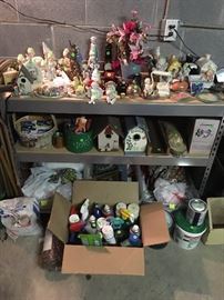 shelf, miscellaneous figurines, birdhouses