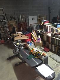 Weider adjustable weight bench and weights, books, shelves