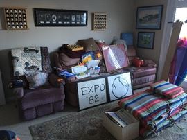 recliner, sofa, outdoor cushions, quilts, pillows, golf ball collection with display cases, framed prints