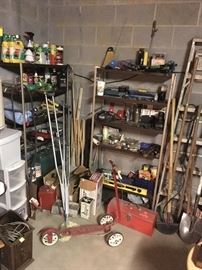 vintage scooter, garden tools, tool boxes, garden chemicals