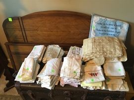 linens, wood headboard and footboard