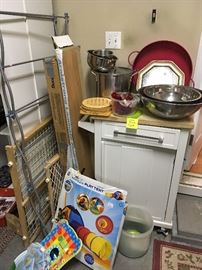 small kitchen island/, cookware, baby gates