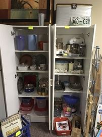 two door white cabinets, vintage cooler, bakeware, small electric kitchen appliances