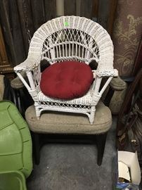 wicker rocker, chair, rugs