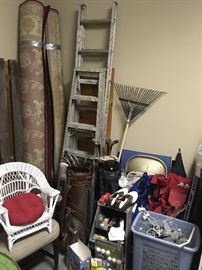 extension ladder, step ladder, golf clubs and bag