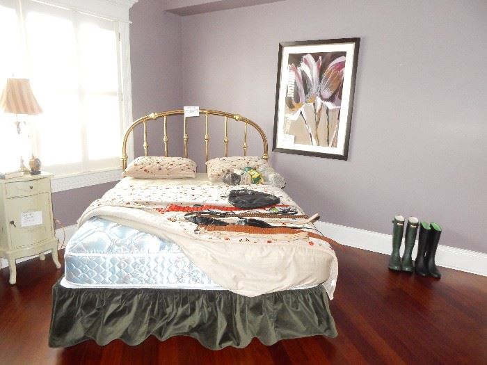 queen brass headboard with linens, skirting and mattress set and frame included