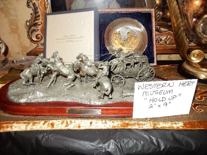 Pewter Sculpture western themed depicting robbers stealing from a stagecoach. From the Western Heritage Museum collection "HOLD UP"