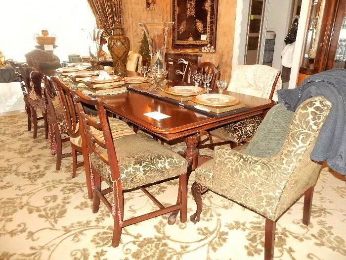 Stunning, Drexel triple pedestal table with 12 chairs and sculptured area carpeting, 