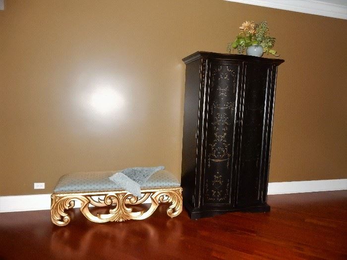 Hooker 7 Seas Armoire and Upholstered gilt bench