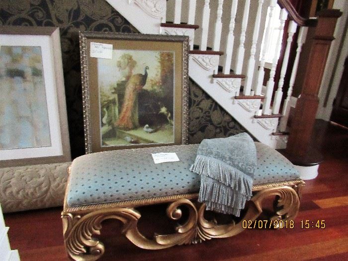 Beautiful gilt upholstered bench and framed artwork, a sculpted area carpet with pad.