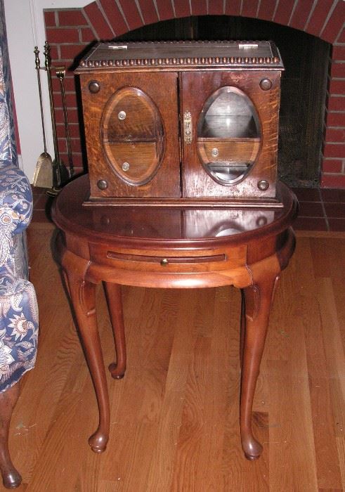 Small tea table with pull out tray; antique English oak pipe/tobacco humidor