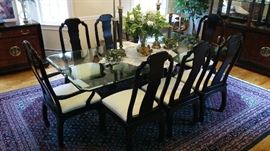 Large Glass Topped Dining Table, with 8 American made, Bernhardt brand, Black Lacquered, Queen Anne Style Dinning Room Chairs and Set.