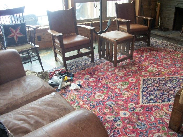 large Oriental rug (app 10 x 12),  Misson chairs and stool