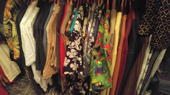 Large selection of tropical men's shirts several are Jimmy Buffett