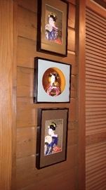 Set of three Oriental geisha girl pictures in high relief