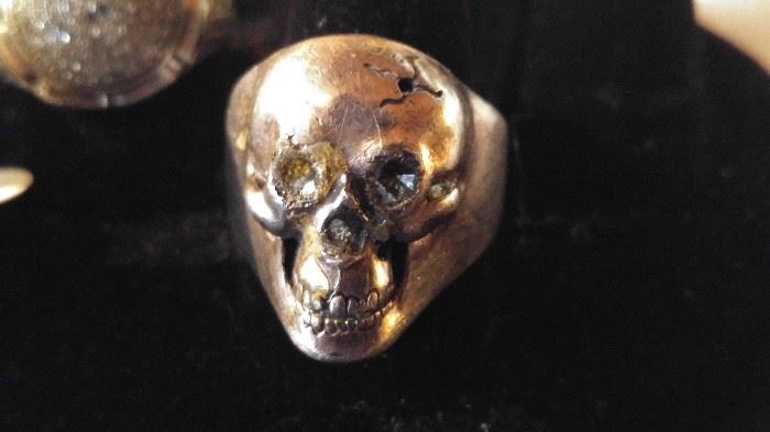 Mid 1960s biker solid silver sterling handmade skull ring very unique signed sterling Dallas