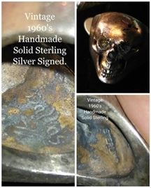 Mid-century modern handmade solid sterling silver skull ring