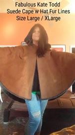 Katie Todd Suede Cape with Hat Fur Lined Size L/XL