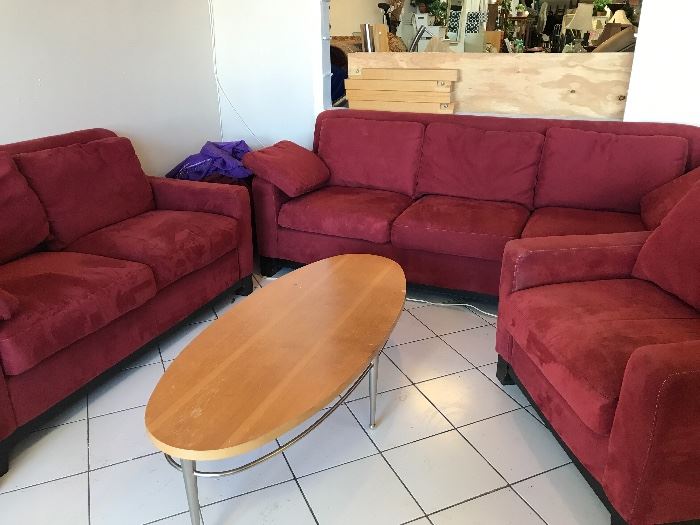 Red microfiber sofa set and Ethan Allen coffee table