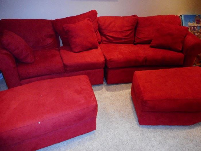 Klaussner Furniture Red Micro Fiber Sectional Sofa with 2 Ottomans
