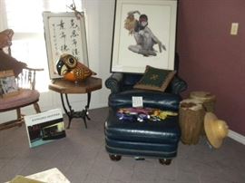LEATHER ARM CHAIR AND OTTOMAN WITH HOBNAIL DETAIL........BONGO DRUM SET
