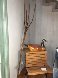 SIGNED WOOD DECOY DUCK.....ANTIQUE HAY FORK, VINTAGE SCHOOL DESK