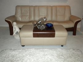 MID CENTURY LEATHER SOFA WITH OTTOMAN