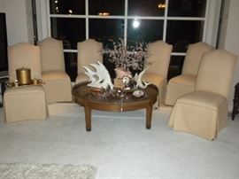 MID CENTURY COFFEE TABLE...LINEN CHAIRS ( SET OF 6 )