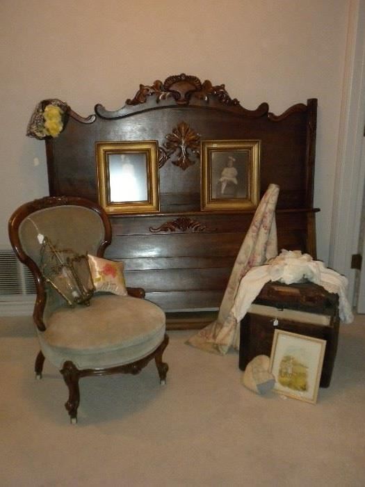 ANTIQUE BED, PARLOR CHAIR, SSMALL STEAMER TRUNK