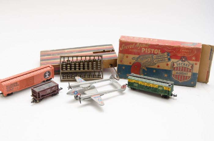 Antique and Vintage Toys (pistol, trains, horse popper, Abacus, plane)   http://www.ctonlineauctions.com/detail.asp?id=678410
