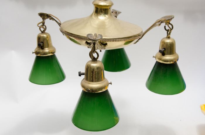 Vintage Brass Hanging Chandelier w/4 Green Glass Shades    http://www.ctonlineauctions.com/detail.asp?id=678413