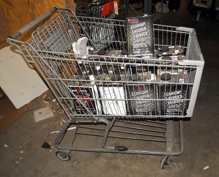 Shopping Carts, Qty 5, With Contents, Various Sizes, Paint, Lacquer Thinner, Bungees, And More