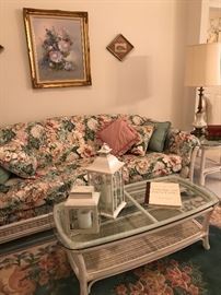 Rattan sofa, glass top rattan coffee table, pair of rattan end tables