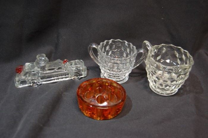 Fire Truck Candy Container, Carnival Glass Frog, American Fostoria Child's Creamer and Sugar