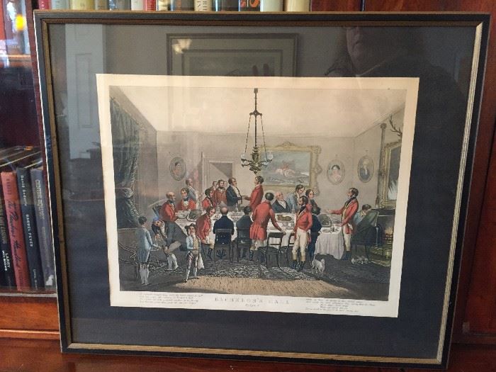 Antique 19th Century English color lithograph, matted and framed.   "Bachelors Hall" says it all !