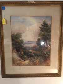 Original pencil and watercolor landscape featuring haymakers, 1878.  Original period frame.