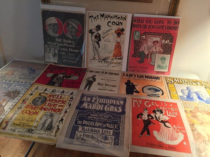 Extensive collection of about 100 Black Americana sheet music sets of the 1890's through the 1920's.  Ragtime especially.   I am offering advance appointments to view these pieces only as the ephemera is very fragile.  Please call.