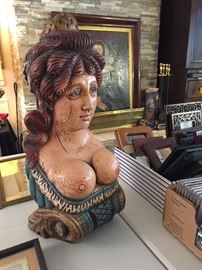 Vintage mast figurehead bust colorfully painted and wonderful detail, can be tabletop or hung on the wall.