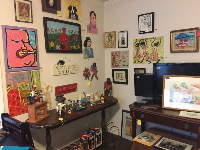 Second bedroom:  visit our folk art corner and original art works, all with a sense of humor.   Also card table and chairs, console table, televisions, and a mahogany flip top table with inlay.  See Roy Finster and Mary Proctor, so many more.