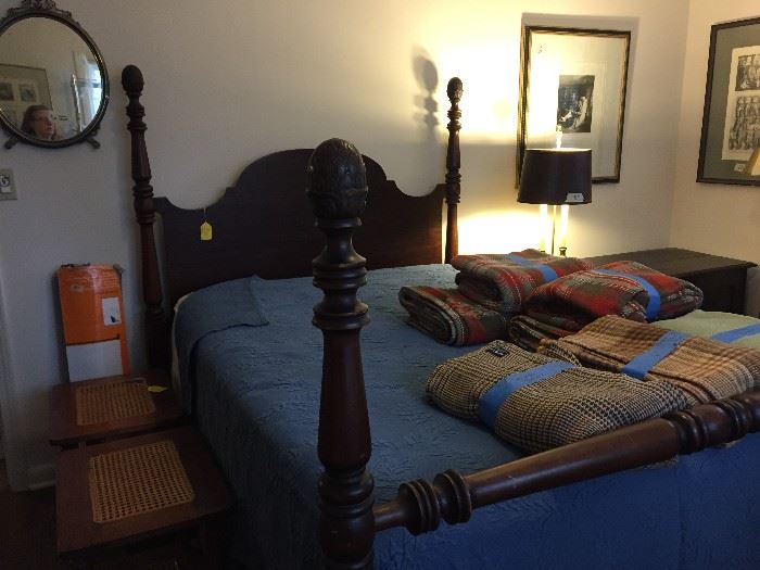 Third bedroom:  silver mirror, pair of antique English caned side tables on casters, and great lamps.  The bed is an antique four poster, with a new custom made Serta mattress and box springs.  