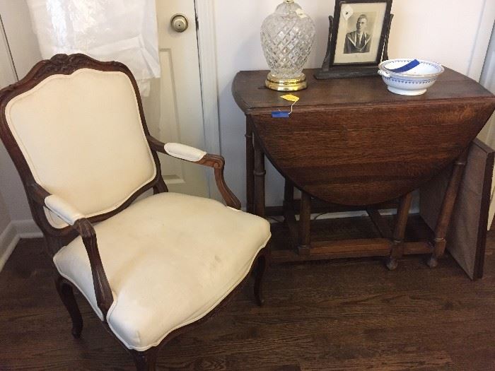 French-style armchair and ideal oak gateleg table.